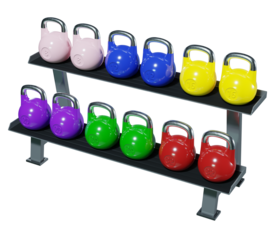 Gym rack with different Olympic kettlebells, heavy cast iron powerlifting equipment isolated on white background. 3D illustration