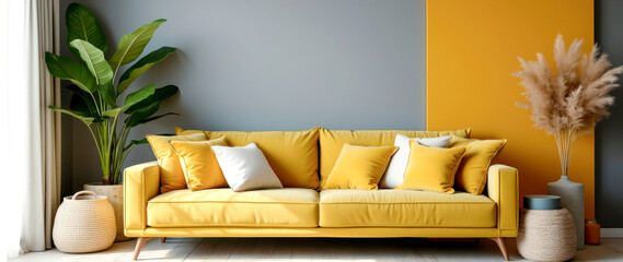 sunlit mustard yellow velvet couch with pillows in a modern living room