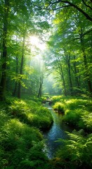 Obraz premium Lush forest stream with sunlight filtering through trees in serene natural landscape
