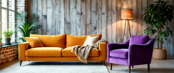 vibrant velvet sofa and a rich purple velvet armchair in a cozy living room setting