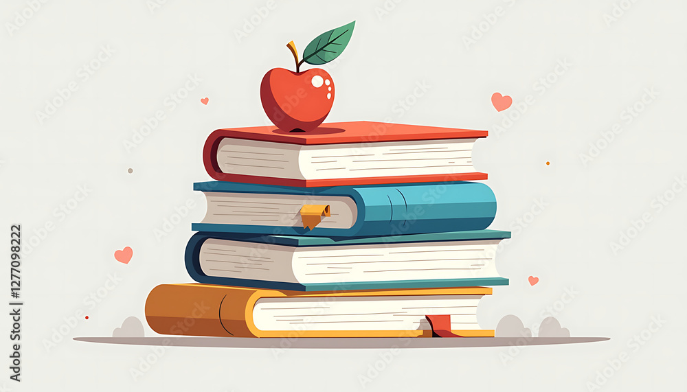 Poster stack of colorful books with a red apple on top