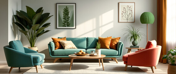 sunlit living room with teal and coral armchairs and sofa
