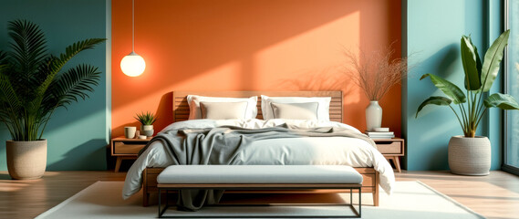 modern bedroom interior with wooden bed teal and walls and potted plants