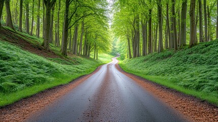 Obraz premium Spring forest road, winding path, lush green trees, sunlight through canopy