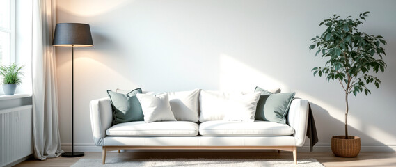 white sofa with green pillows in a bright living room