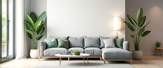 gray sectional sofa with green pillows in a modern living room