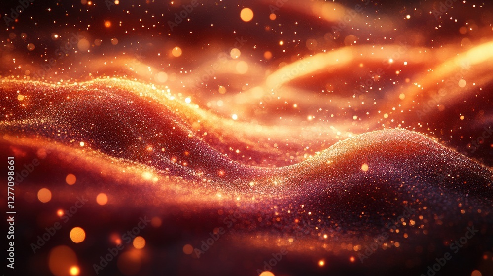 Poster abstract representation of glowing waves with shimmering particles in a warm color palette