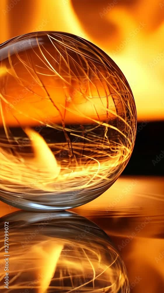 Poster glowing sphere with fiery background creates a mesmerizing reflection on a shiny surface during the 