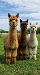 Three adorable alpacas standing in a green pasture under a blue sky