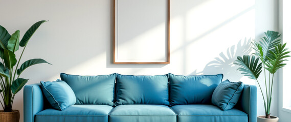teal sofa in a sunlit minimalist living room