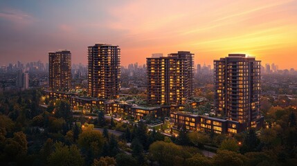 Obraz premium Modern residential towers illuminated at sunset, surrounded by lush greenery and urban skyline