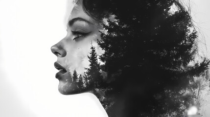 Ethereal black and white forest double exposure: mystical nature photography. Surreal Haunted Forest. Illustration