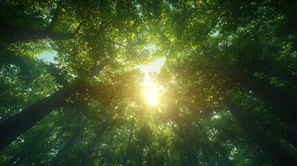 Fototapeta premium Sunlight filters through dense forest canopy