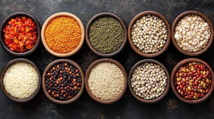 A detailed close-up showcasing an assortment of beans displayed in various bowls, highlighting their diverse colors and textures.