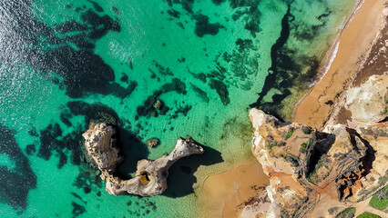 Fotografia aérea da Praia da Rocha, em Portimão, Algarve, Portugal. As falésias douradas...