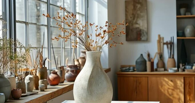 A white ceramic vase with dried flowers sits on a table in a pottery workshop.