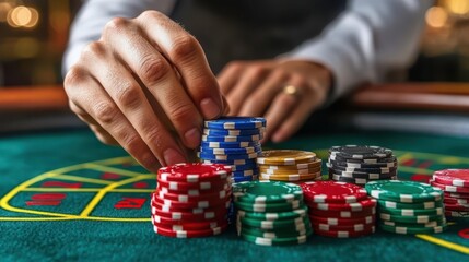 Naklejka premium A detailed close-up of a hand placing a stack of colorful poker chips on a green felt table, highlighting the excitement of a poker game.