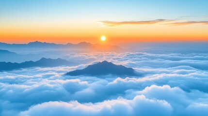 Naklejka premium A stunning aerial view showcases a majestic mountain range illuminated by a vibrant sunset, highlighting nature's beauty and serenity.