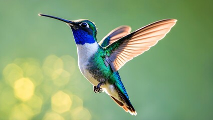 Fototapeta premium A vibrant blue hummingbird hovering in sunlight