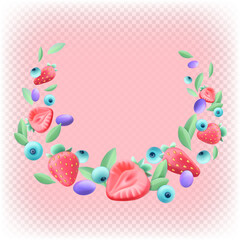 Mix of strawberries, blueberries, grapes and mint. Berry healthy dessert. Vector stylized 3D illustration.