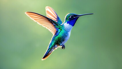 Fototapeta premium A vibrant blue hummingbird hovering in sunlight