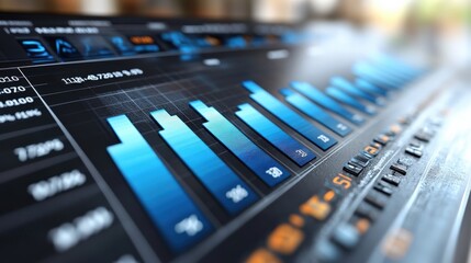 Obraz premium Close-up of a digital dashboard displaying blue bar graphs and data metrics in a modern workspace