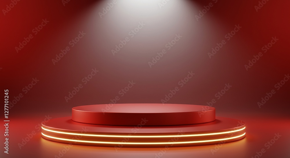 Poster elegant red podium with dramatic lighting for display and presentation concepts