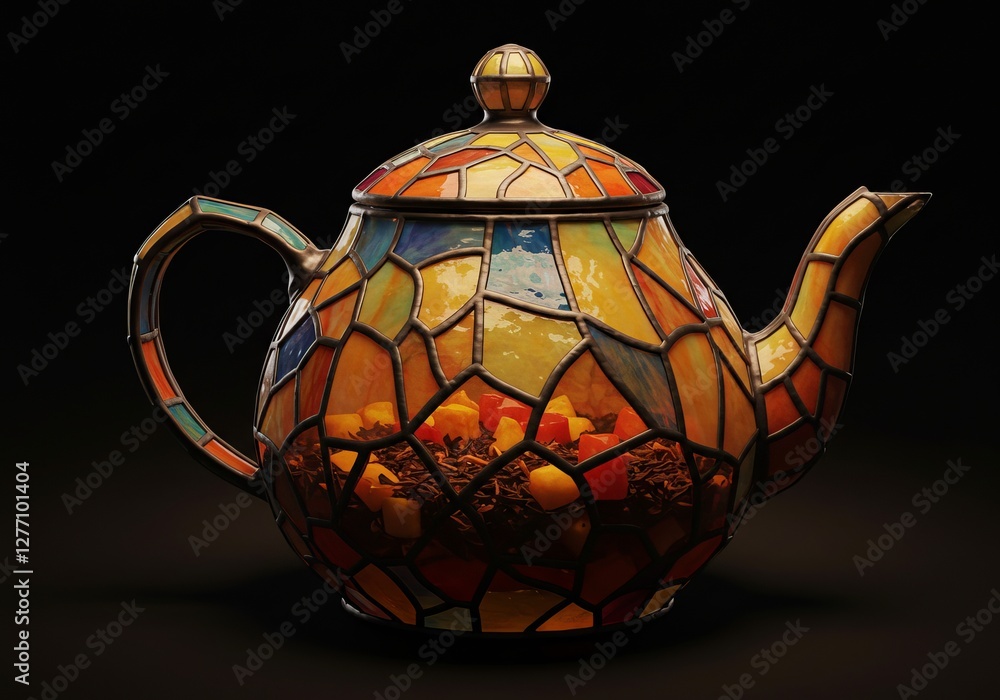 Poster stained glass teapot with colorful mosaic patterns and unique artistic design