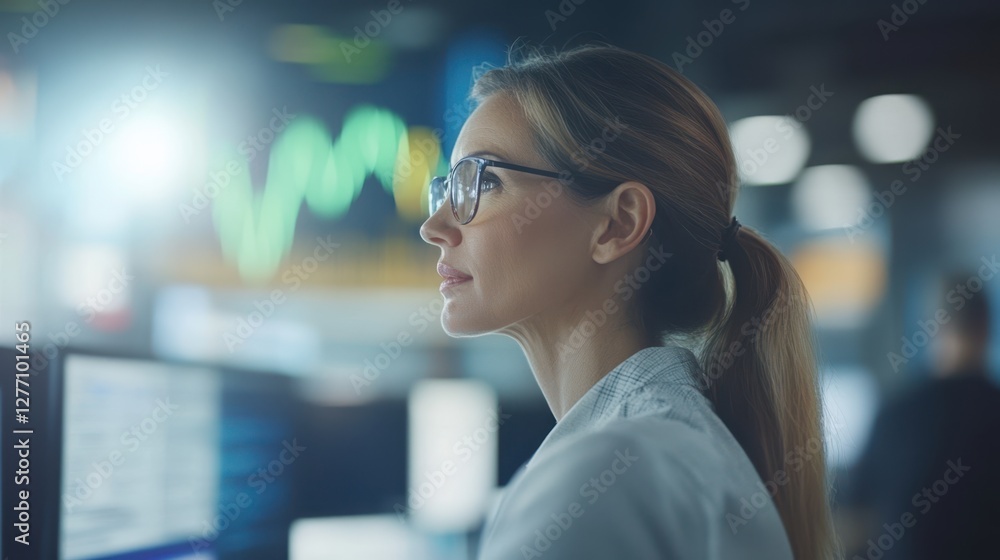 Poster a focused woman with glasses analyzes data on her computer screen while sitting in a dimly lit room,