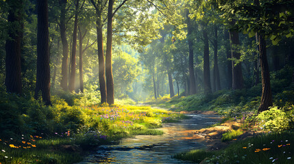 Fototapeta premium Serene Forest Oasis with Towering Trees, Meandering Stream, and Vibrant Wildflowers