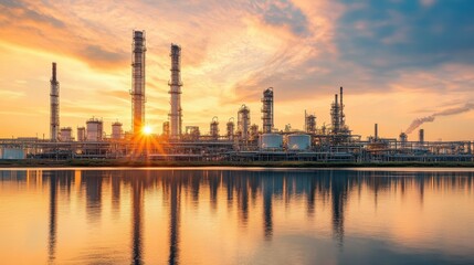 Naklejka premium A mesmerizing sunset casts vibrant reflections over the water, highlighting the impressive structures of the Arafed oil refinery in a serene landscape.