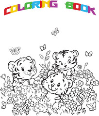 Coloring page for kids page featuring three cute baby tigers playing in the grass with flowers and butterflies, simple black outline on a white background