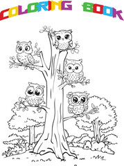 Coloring page for kids in vector , owls in the tree, cartoon style, simple black outline on a white background