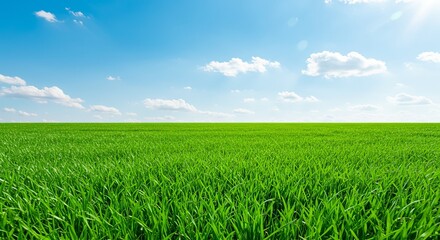 Obraz premium Vast green field under clear blue sky with fluffy clouds in summer landscape