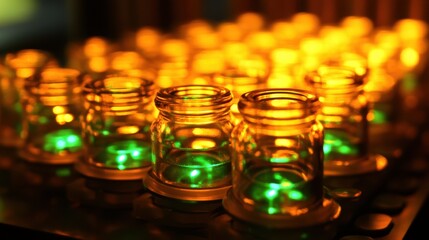 A collection of small glass jars illuminated by soft green lights, creating a serene and enchanting atmosphere.