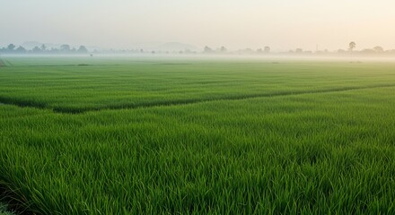 Obraz premium Serene green rice fields at dawn with misty horizon and lush vegetation