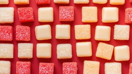 A striking close-up view of numerous sugar cubes scattered against a vivid red background, highlighting the contrast and texture of the sugar.