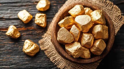 A bowl filled with shimmering gold nuggets rests on a wooden table, showcasing its vibrant color and texture in a captivating display.