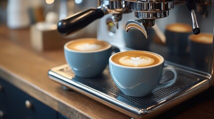 Two cups of steaming coffee rest on a tray beside a sleek coffee machine, inviting warmth and comfort in a cozy setting.