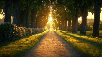 Obraz premium Sunlit Pathway Through Trees at Sunrise