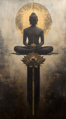 A Buddha with a lotus flower, sitting cross-legged and floating in the air
