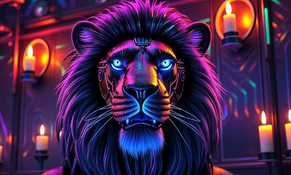 Cyberpunk Big Lion, Featuring Neon Lighted Circuit Patterns in Electric Blue and Magenta. Background Has Futuristic Holographic Look with Customizable Lighting Effects. 4k