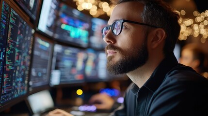 A man is seated at a desk, focused on his computer screen, engaging in work or leisure activities, surrounded by a professional environment.