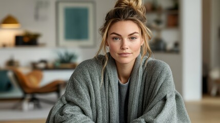 A casual blond woman with a messy bun wears a grey sweater while sitting thoughtfully at a table, embodying a relaxed and cozy atmosphere.