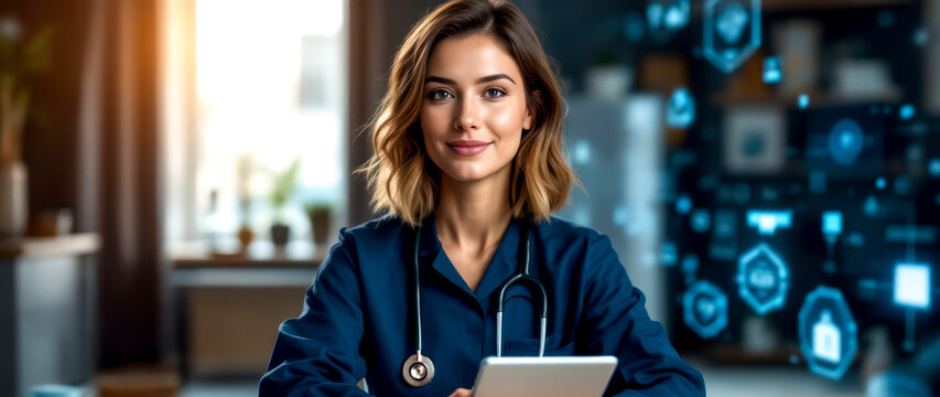 confident female doctor in a dark blue uniform using a tablet