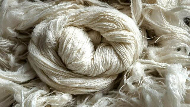 Natural fibers in a beautiful swirl showcasing the intricate process of hand-spinning in a rustic workshop space