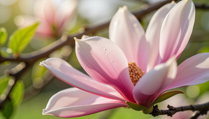 Fototapeta premium Seasonal flower bloom - Magnolia flower showcasing soft pink petals, nature's beauty