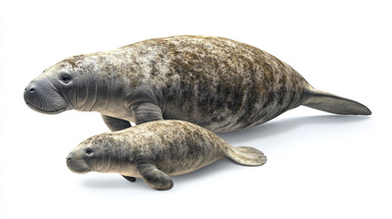 Fototapeta premium Mother manatee and calf swimming on white background, ideal for marine life education, wildlife conservation, and aquatic animal illustrations.