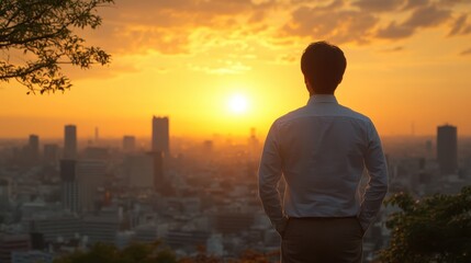 Fototapeta premium Arafed man stands against a vibrant sunset backdrop, silhouetted by a cityscape that highlights the beauty of urban life and nature's twilight hues.