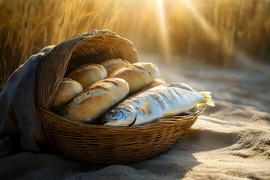 Christianity, religion, Bible concept. Five loaves of bread and two fish